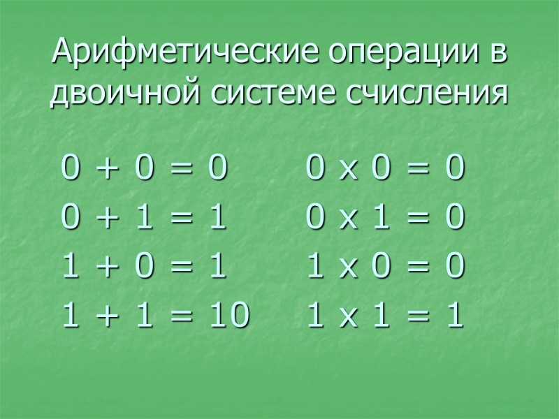 0 + 0 = 0 0 + 1 = 1 1 + 0 =